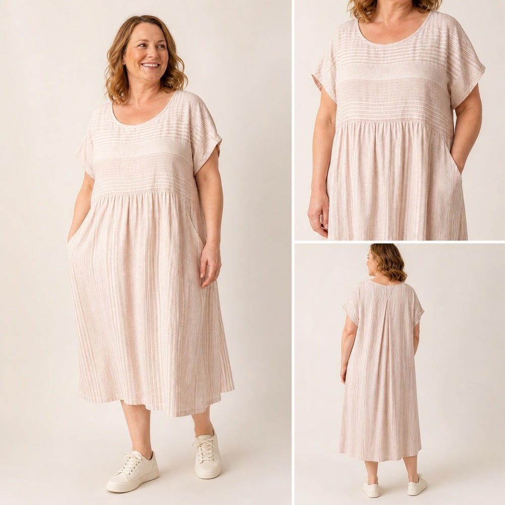Poetry Hemp Organic Cotton Striped Midi Dress 16 Pink Beige Pockets Relaxed
